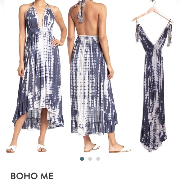 TIE DYE MAXI Dress Cover Up Blue Gray Hi Low Smocked Halter Long Ties WORN ONCE - Picture 3 of 13